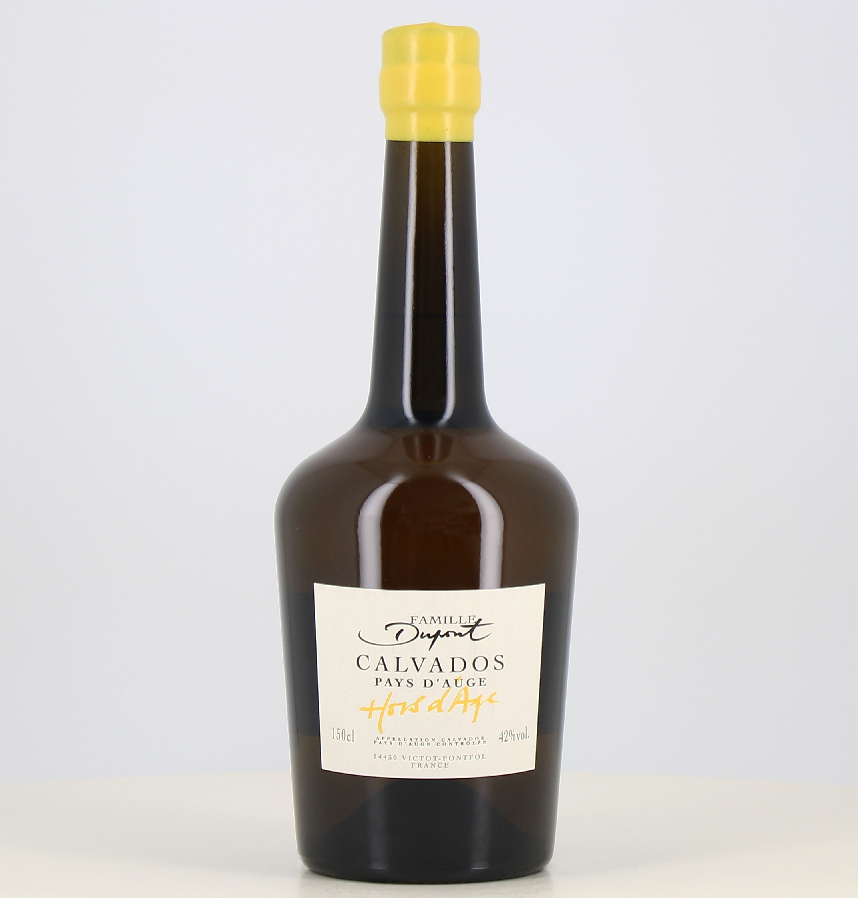 Magnum calvados Pays d'Auge Dupont hors d'age 42° translates to "Magnum of Calvados from Pays d'Auge Dupont, aged beyond age, 42 